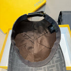 Inside view of dark gray FF-pattern cap with fabric lining and strap