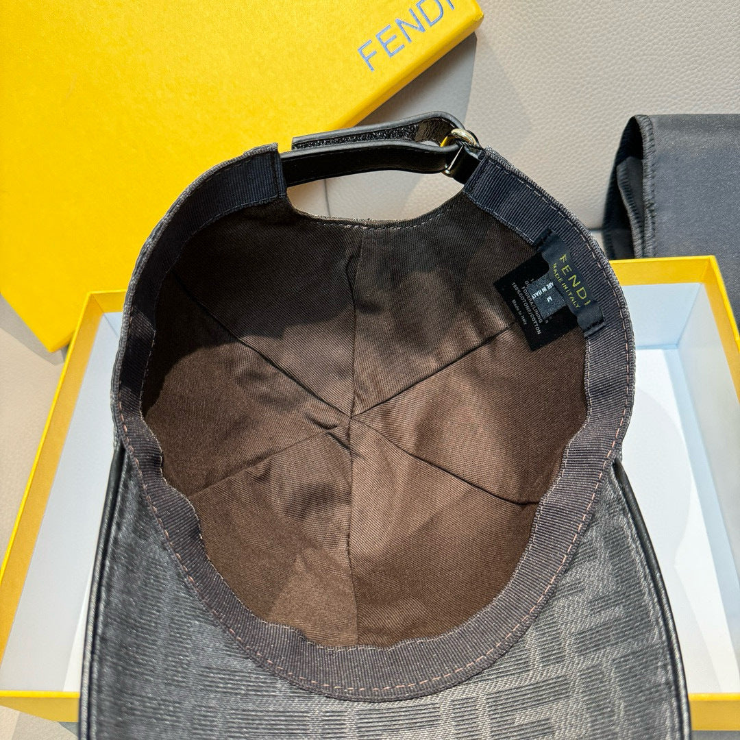 Inside view of dark gray FF-pattern cap with fabric lining and strap