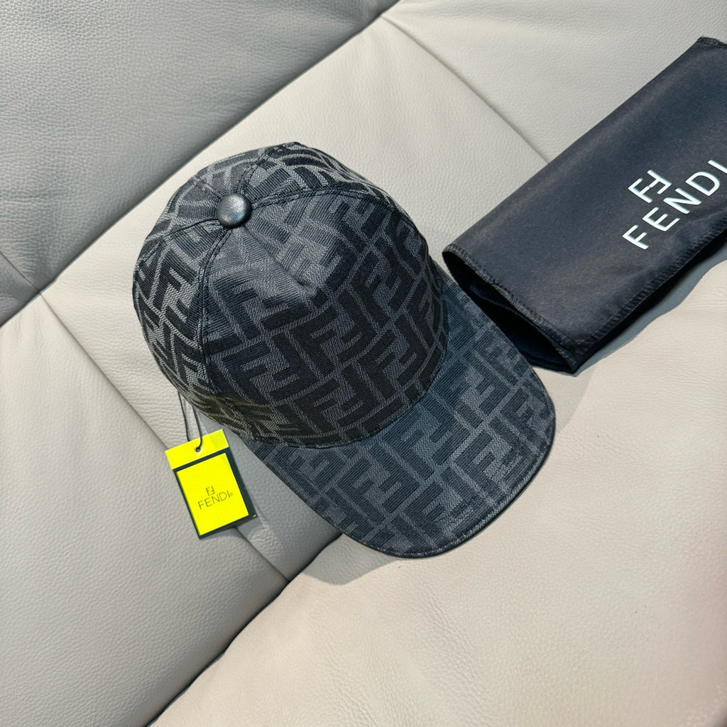 Dark gray baseball cap with FF logo pattern and small side label