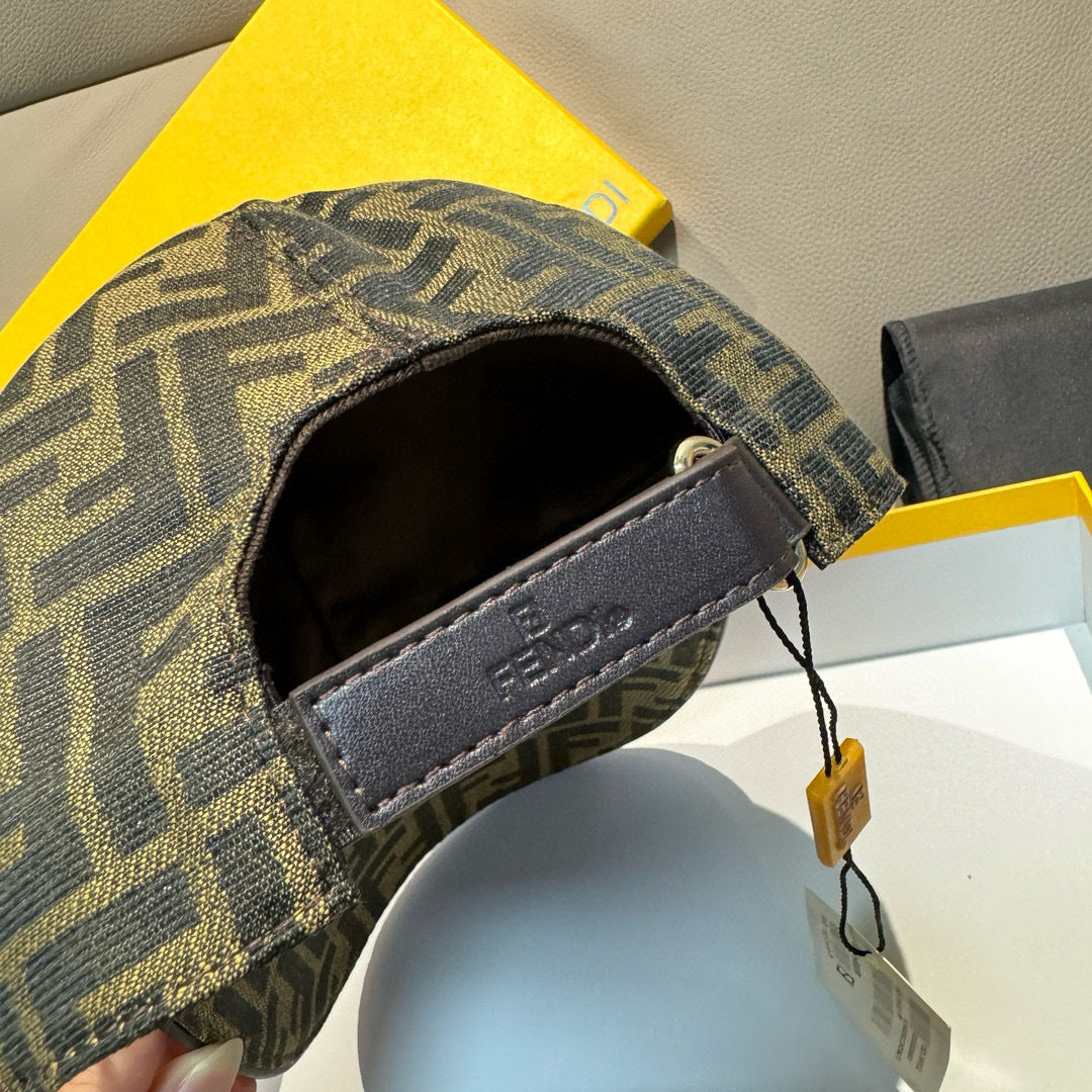 Fendi cap side panel detail showing black leather label and interior opening