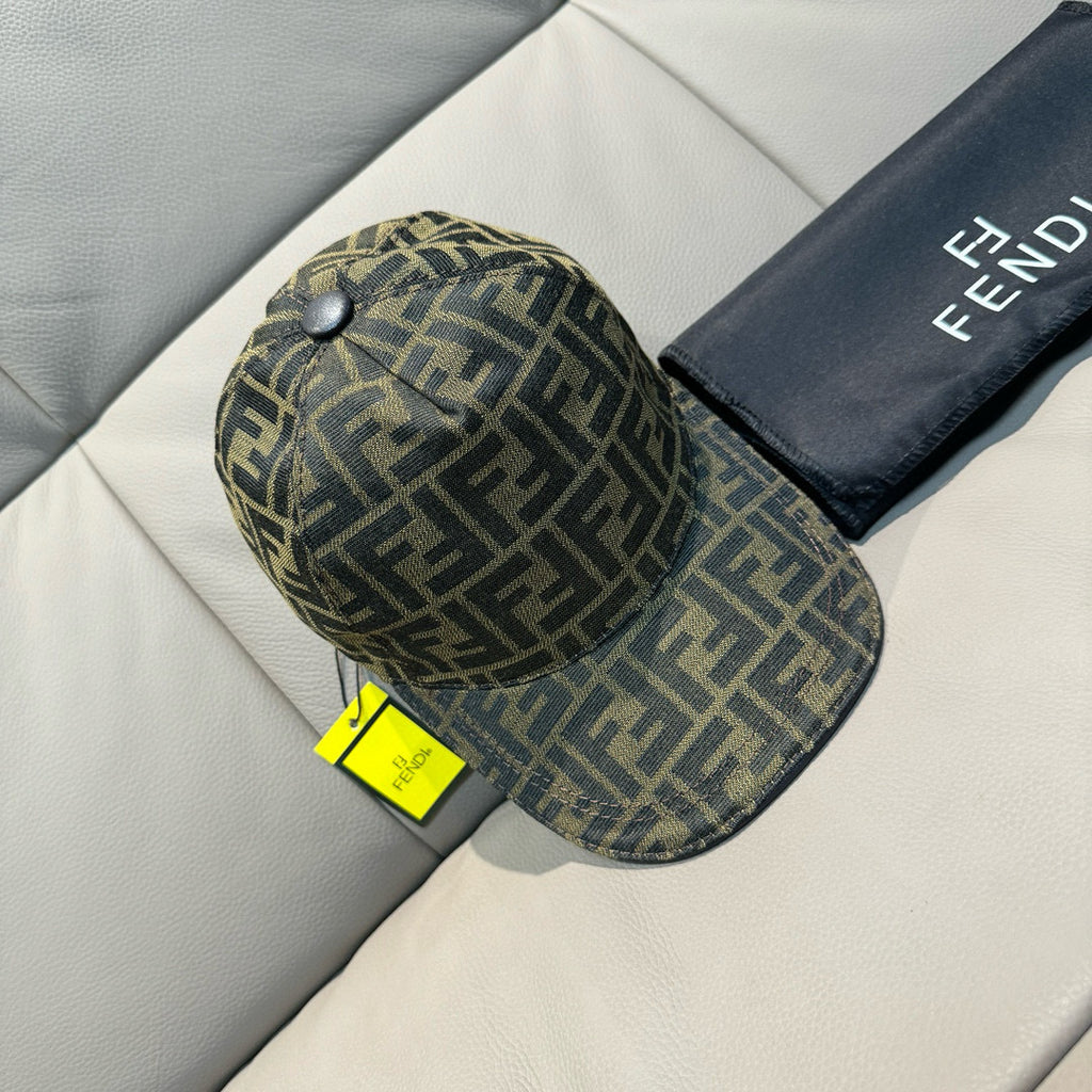 Fendi cap, side view, dark olive/tan FF monogram fabric with snap button