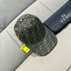 Fendi cap, side view, dark olive/tan FF monogram fabric with snap button