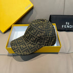 Fendi cap, front view, dark olive/tan FF monogram pattern on curved brim