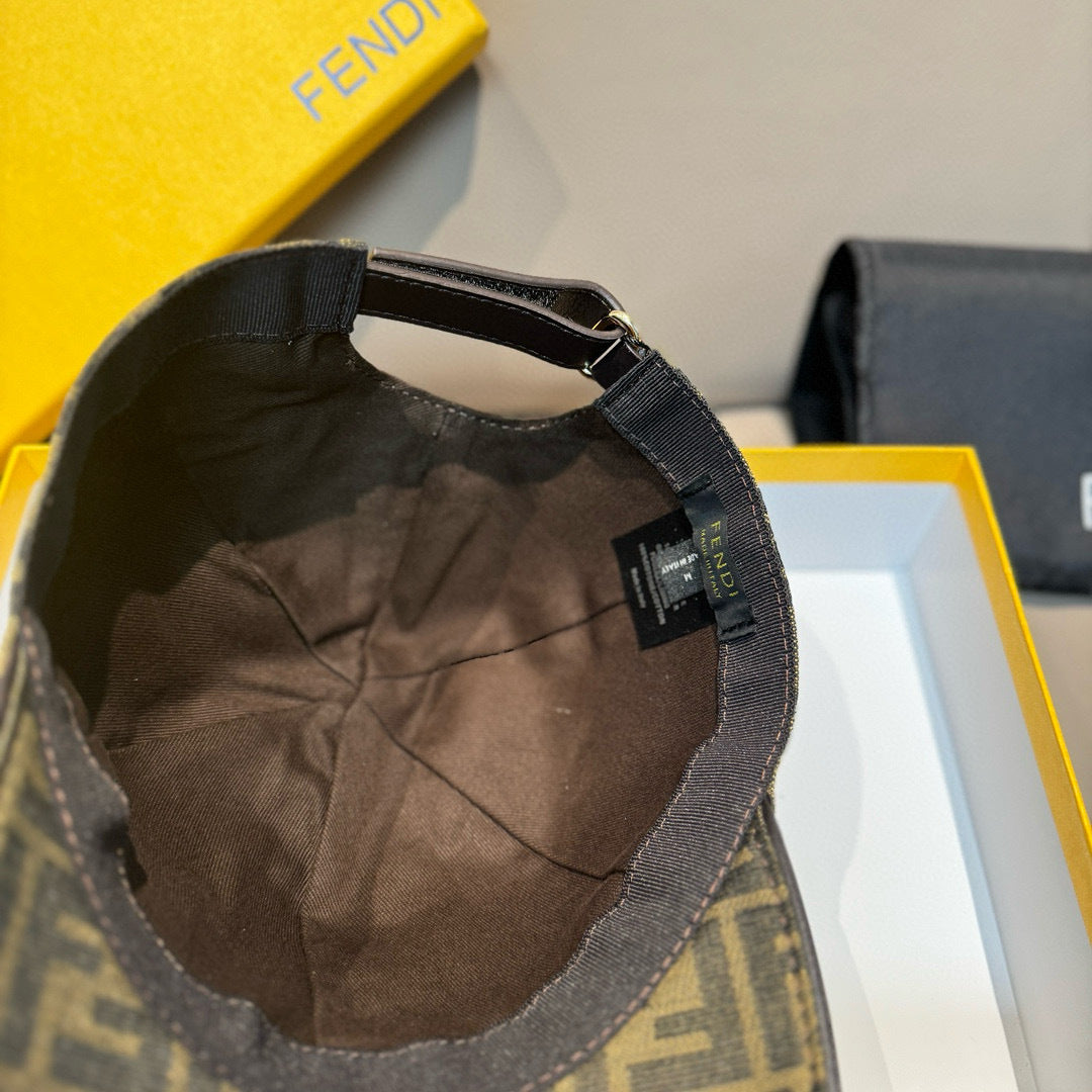 Fendi cap interior view with black strap and lining inside FF-patterned crown