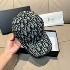 Dior baseball cap front view, dark and light monogram pattern with buttoned crown