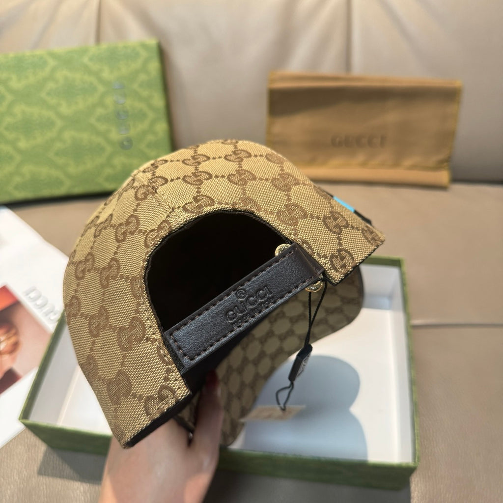 Gucci cap interior side view with GG monogram and black leather strap