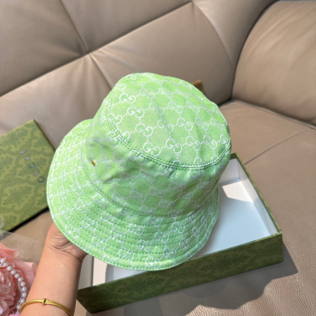 Gucci green monogram bucket hat, back view with seam details