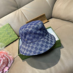 Gucci bucket hat, blue GG monogram denim with curved brim and top panel