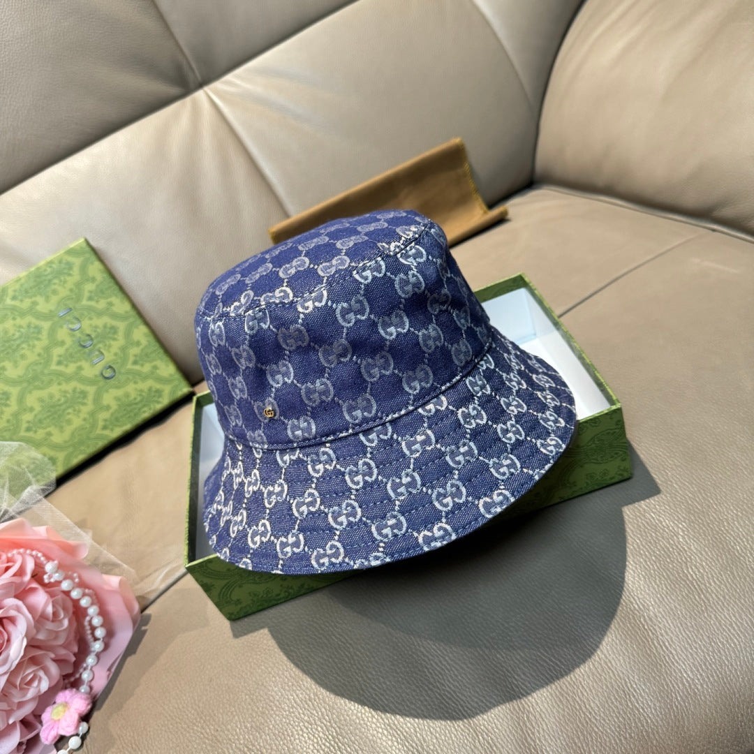 Gucci bucket hat, blue GG monogram denim with curved brim and top panel