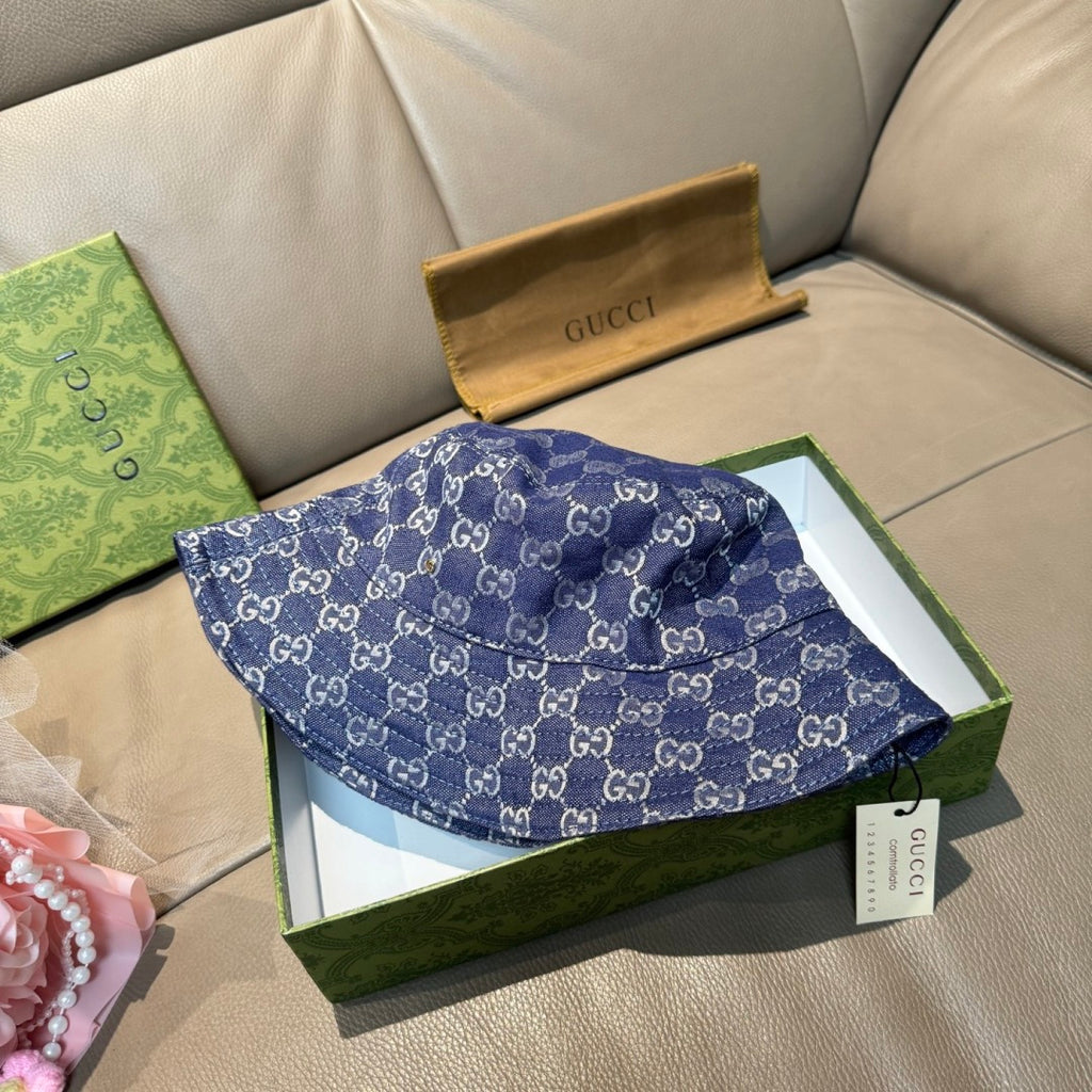 Gucci bucket hat in blue GG monogram denim on box with tag