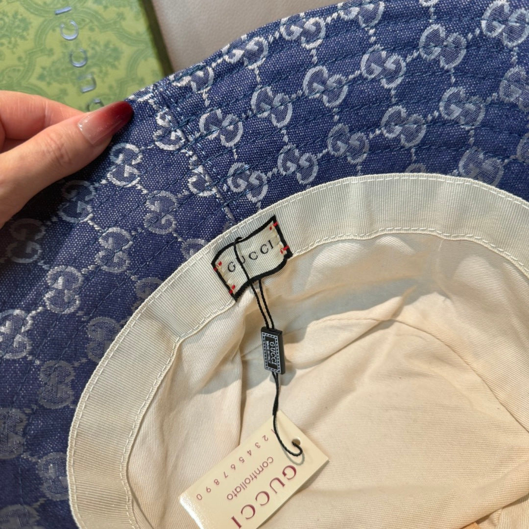 Gucci bucket hat interior lining with fabric tag and GG pattern