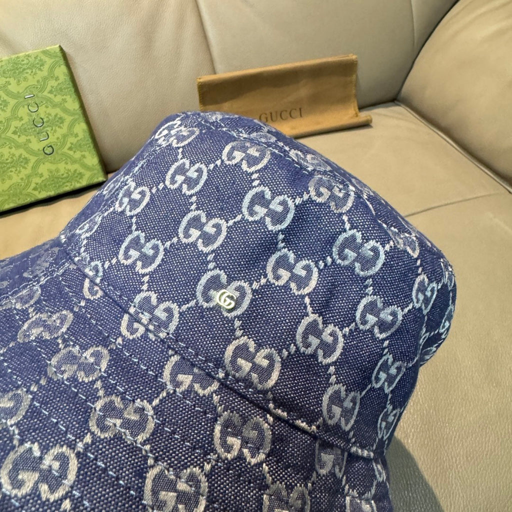 Gucci bucket hat, blue GG monogram denim with seam detail, close-up