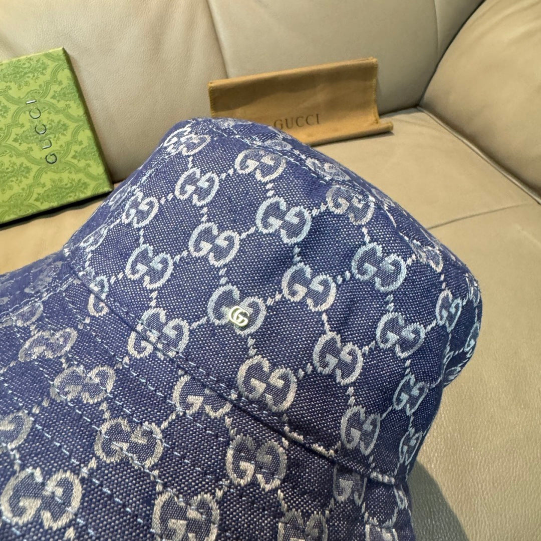 Gucci bucket hat, blue GG monogram denim with seam detail, close-up