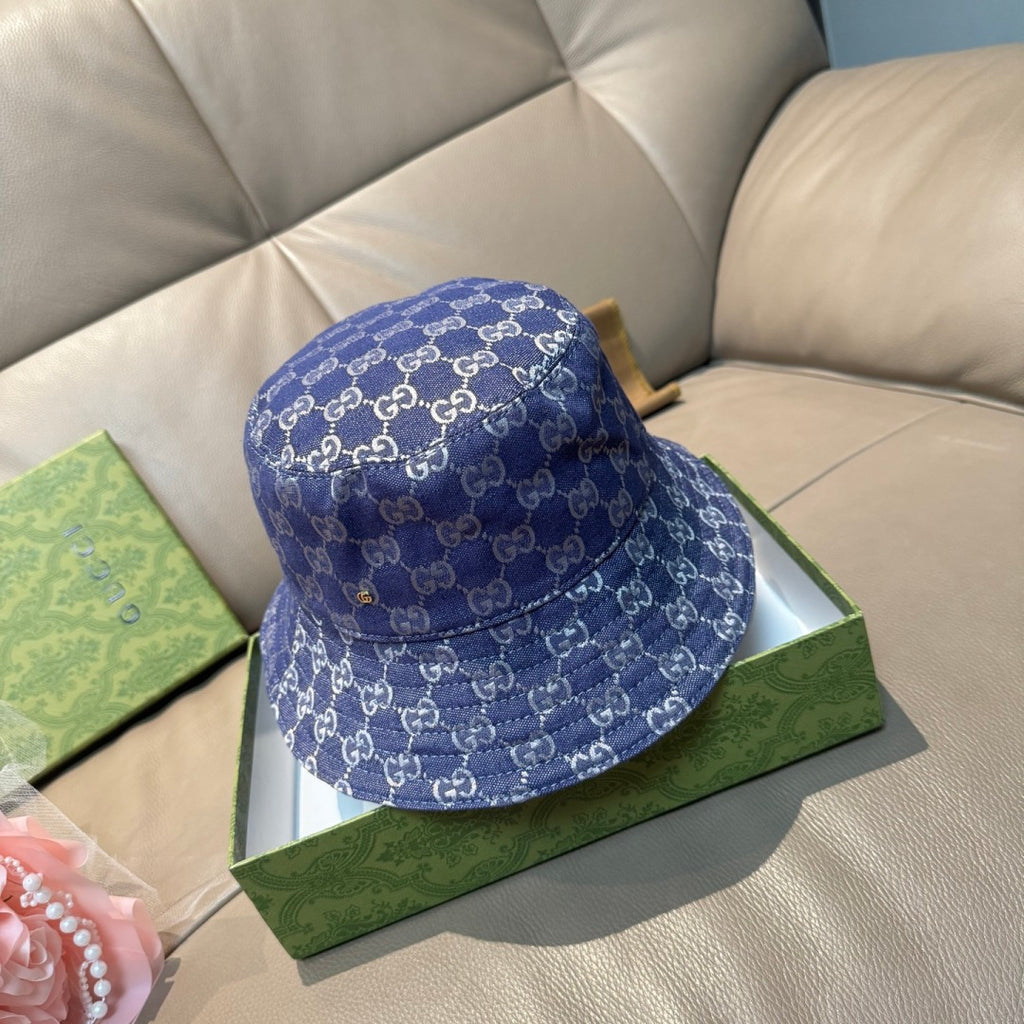 Gucci bucket hat in blue GG monogram fabric, side view