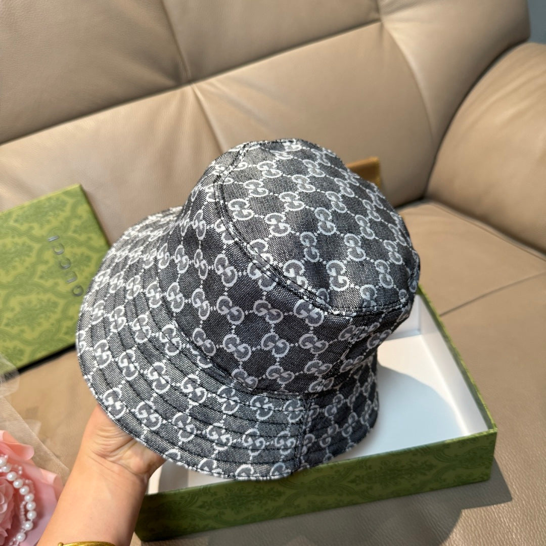 Gucci bucket cap with dark gray GG monogram print, back view