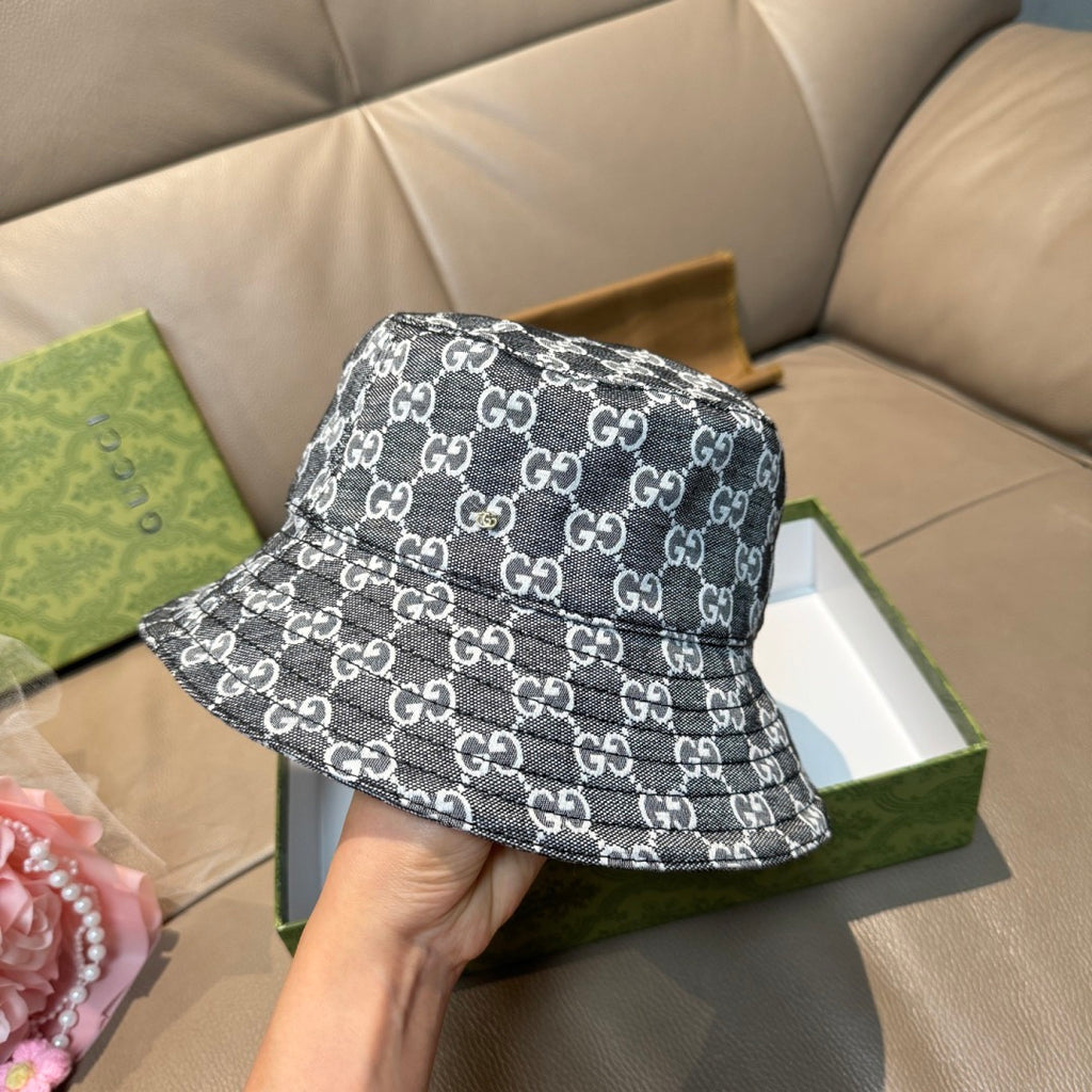 Gucci bucket cap with dark gray GG monogram print, side view