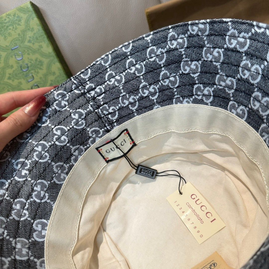 Gucci bucket cap interior close-up with GUCCI label and woven lining