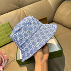 Gucci bucket hat, blue GG monogram print with top seam and stitched brim detail