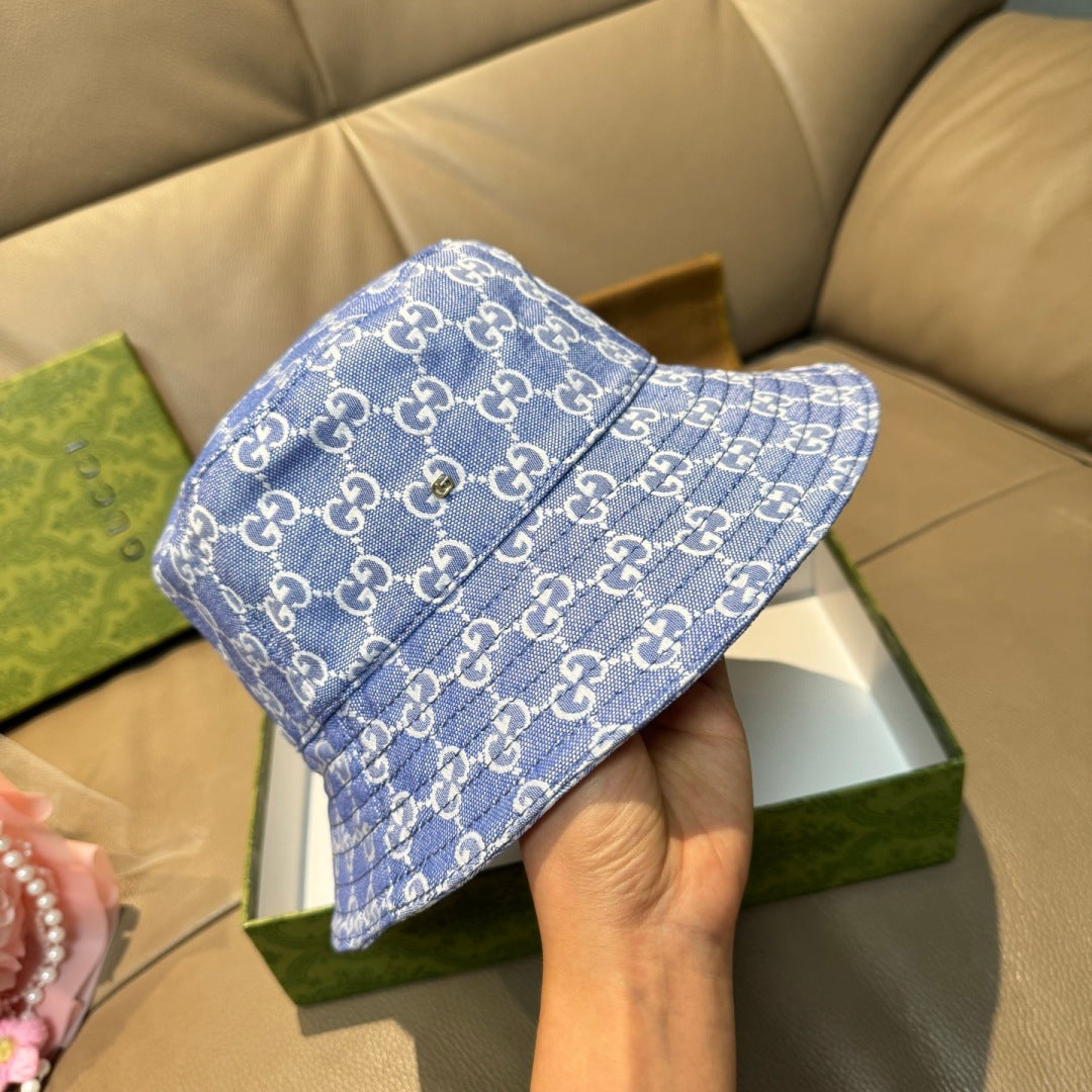 Gucci bucket hat, blue GG monogram print with top seam and stitched brim detail