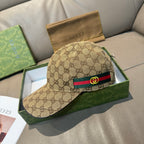 Gucci baseball cap in beige GG canvas with multicolor stripe and raised Gucci logo.