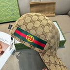 Gucci baseball cap in beige GG canvas with multicolor stripe and Gucci logo patch.