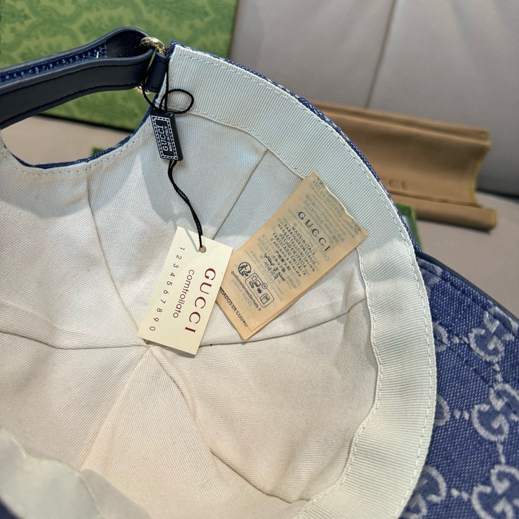 Gucci blue GG monogram baseball cap inside view with hanging tags