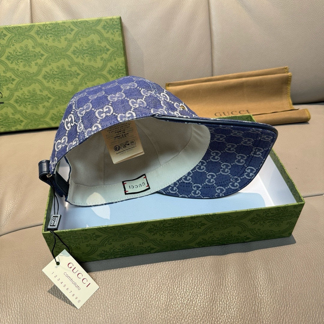 Gucci blue GG monogram baseball cap interior and back strap detail