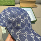 Gucci blue GG monogram baseball cap close-up of side panel and brim