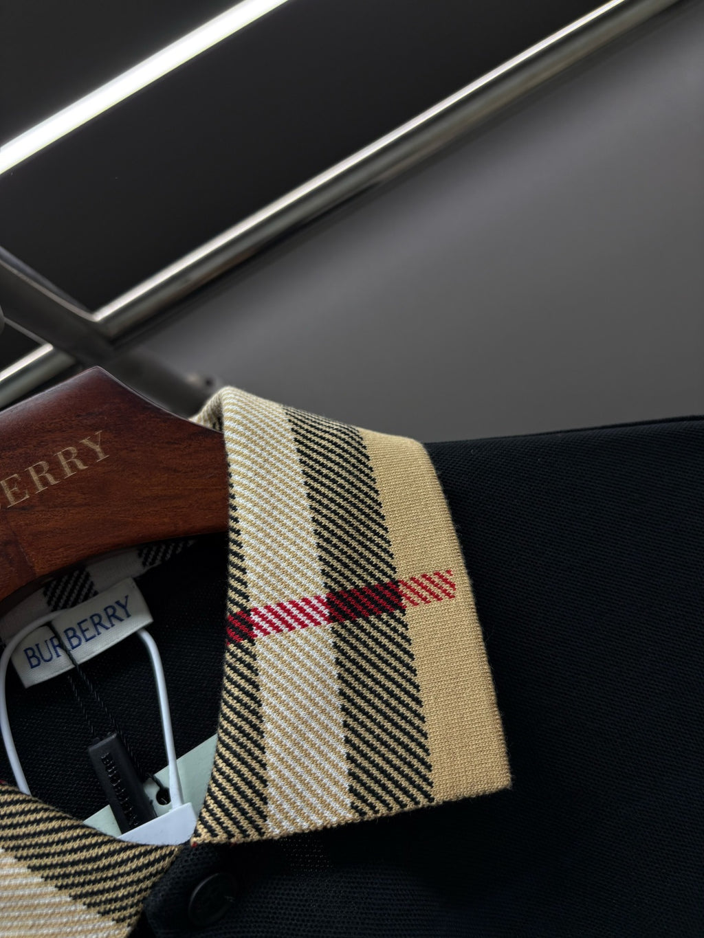 Burberry polo shirt sleeve cuff detail, black with check cuff trim