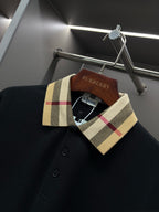 Burberry long-sleeve polo shirt, black with check collar and front buttons