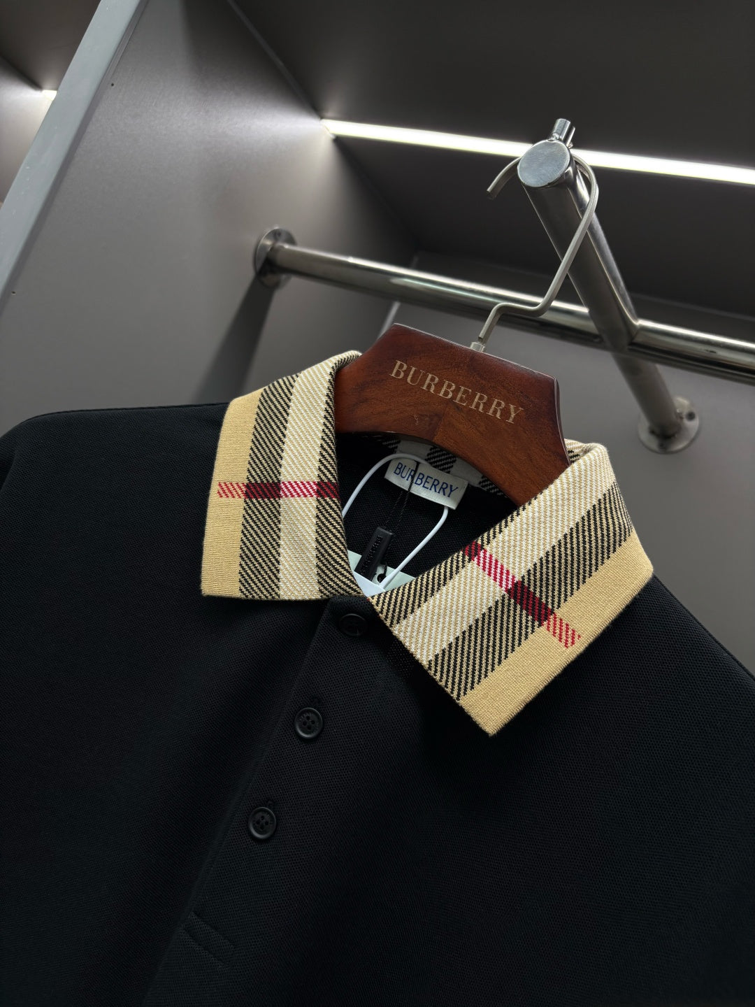 Burberry long-sleeve polo shirt, black with check collar and front buttons