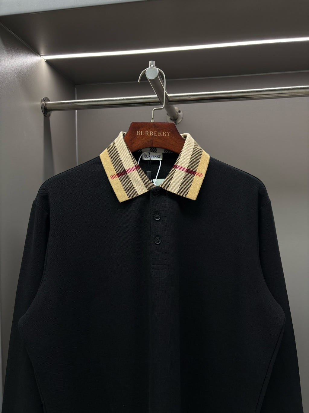 Burberry long-sleeve polo shirt, black with checkered banded collar