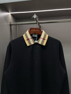 Burberry long-sleeve polo shirt, black with checkered banded collar