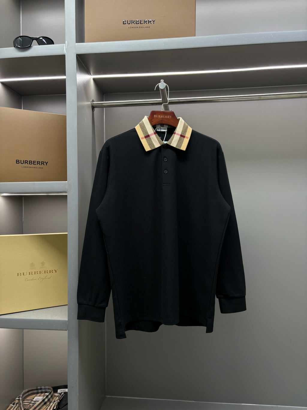 Burberry long-sleeve polo shirt, black with check collar and button placket