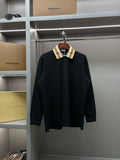 Burberry long-sleeve polo shirt, black with check collar and button placket