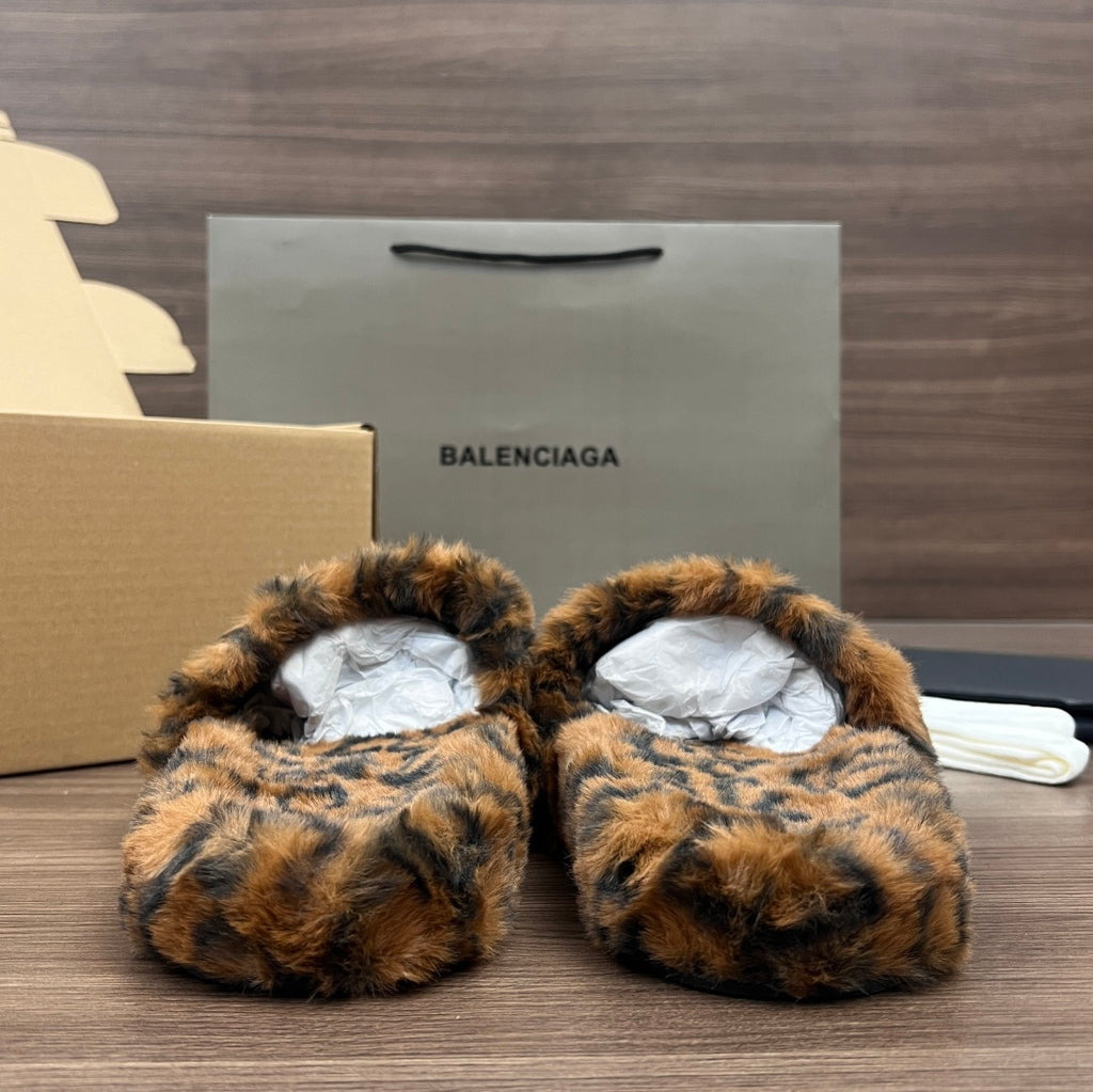 Balenciaga leopard-print faux-fur slide sandals with open heel and white lining