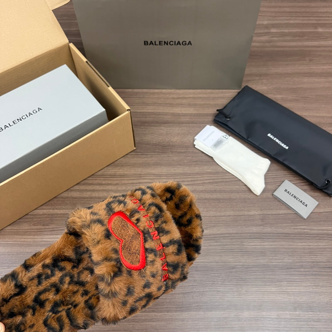 Balenciaga leopard-print faux-fur slide sandals, close top view with red strap embroidery