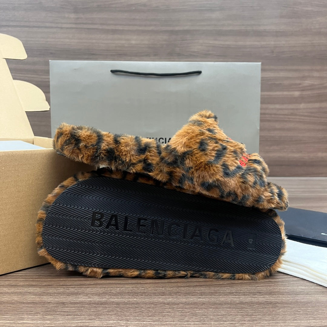 Balenciaga leopard-print faux-fur slide sandals with textured sole and brand lettering