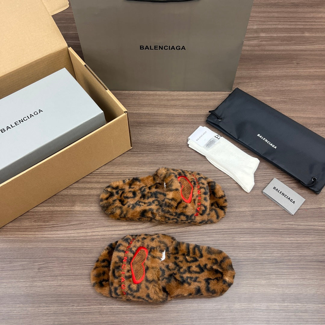 Balenciaga leopard-print faux-fur slide sandals with red strap detail