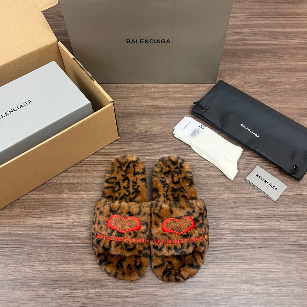 Balenciaga leopard-print faux-fur slide sandals with red embroidered straps
