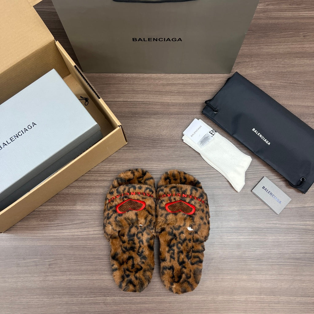 Balenciaga leopard-print faux-fur slide sandals, pair view with red strap embroidery
