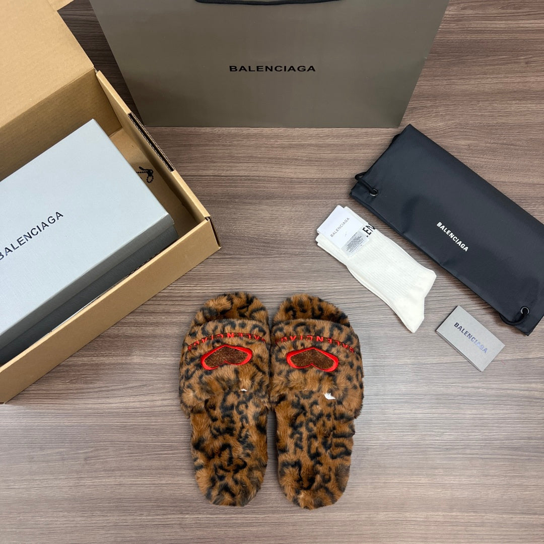 Balenciaga leopard-print faux-fur slide sandals, pair view with red strap embroidery