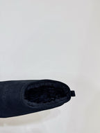 Dark blue suede slide sandal with open ankle interior