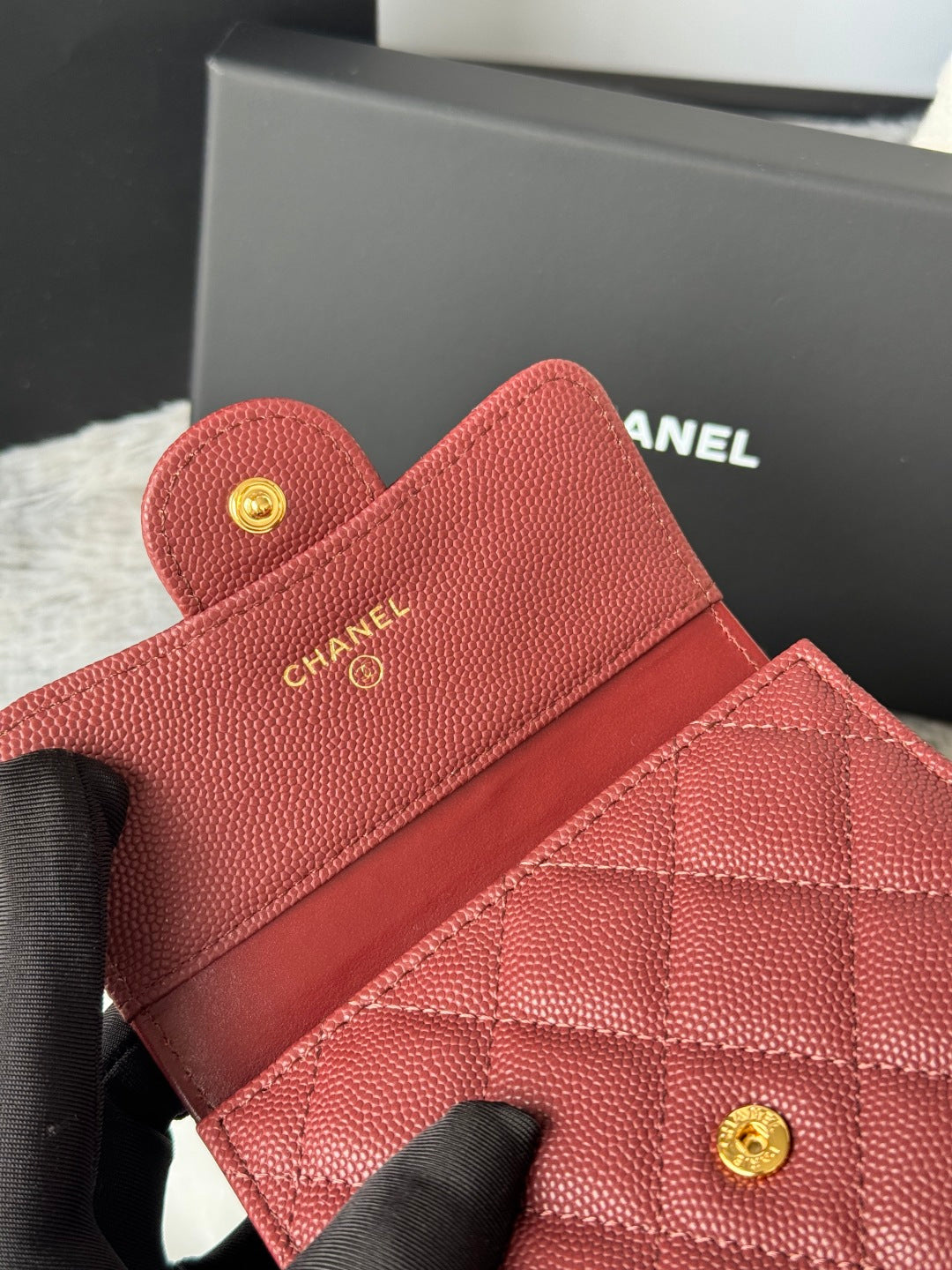 CHANEL small bag with open flap, red textured leather, gold snap button, interior pocket