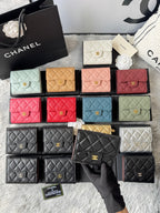 Assorted quilted mini flap bags in pastel and dark tones, gold clasp detail