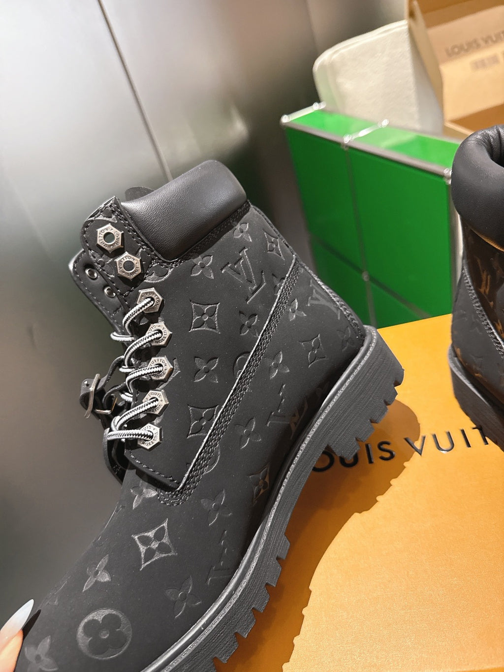 Louis Vuitton monogram lace-up boot upper with metal eyelets and laces