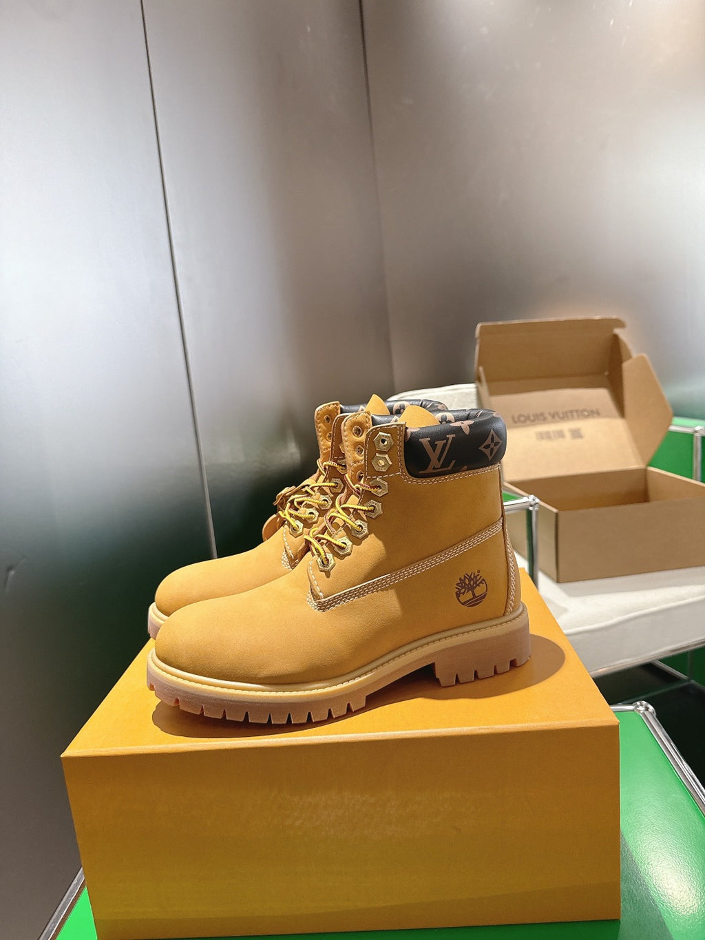 Louis Vuitton unisex lace-up boot, tan suede with leather trim and logo print