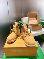 Louis Vuitton unisex lace-up boots, tan suede and dark patterned collar