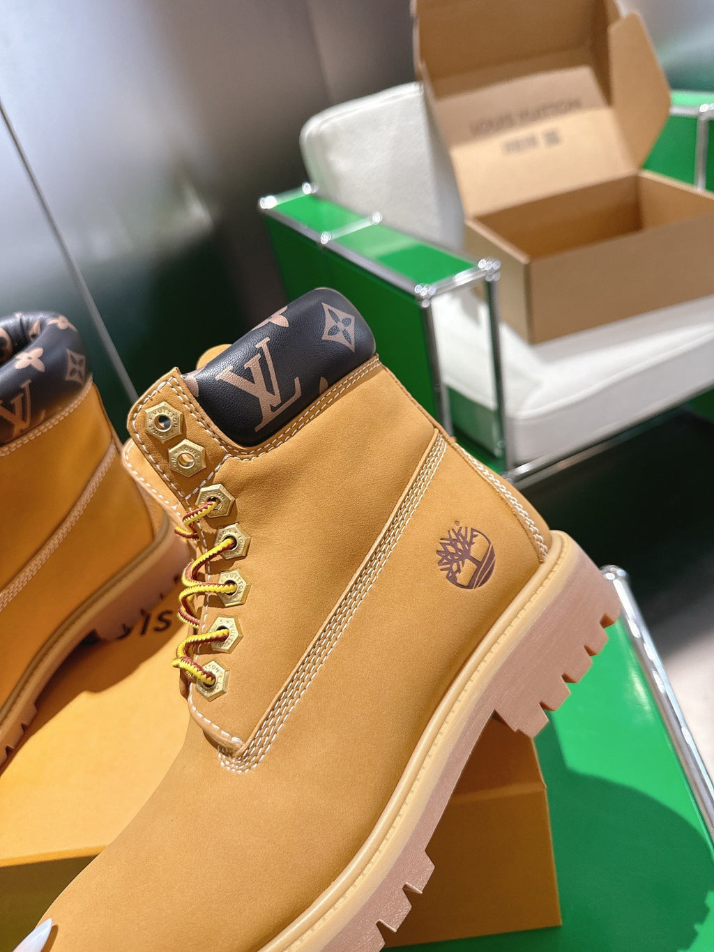 Louis Vuitton unisex lace-up boot, tan suede with dark monogram ankle patch