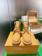 Louis Vuitton unisex lace-up boots, tan suede with dark monogram panels